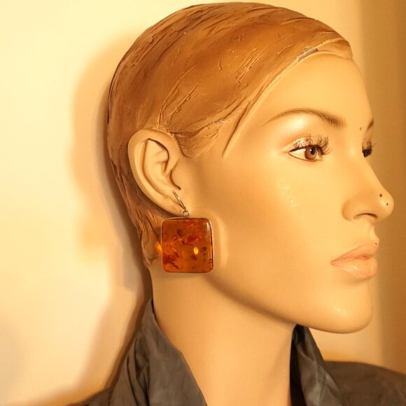 Huge Square Amber Dangle Earrings - Amber And 925 Silver - Rare Gift For Her - Picture 9 of 11